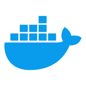 Docker whale logo: a blue whale carrying stacked blue shipping containers on its back.