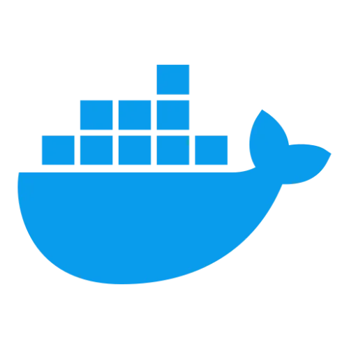 Docker whale logo: a blue whale carrying stacked blue shipping containers on its back.