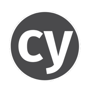 Circular CY logo: teal lowercase 'cy' on a dark gray disk with a white ring outline