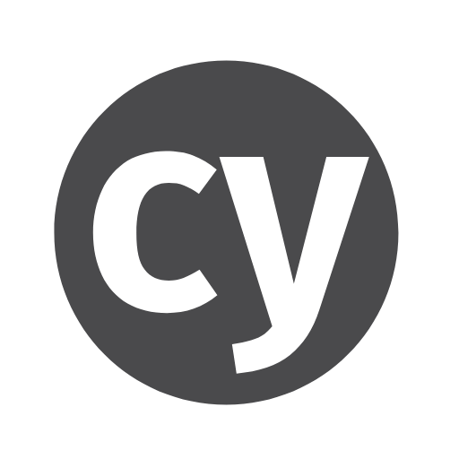 Circular CY logo: teal lowercase 'cy' on a dark gray disk with a white ring outline