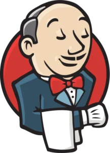 Cartoon waiter in a blue tuxedo with a red bow tie, holding a white towel over his arm, smiling against a red circle background.