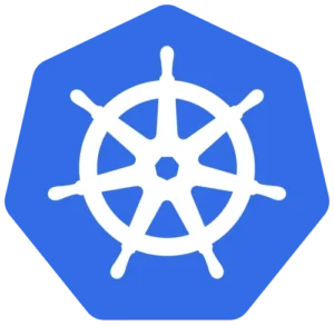 Kubernetes logo: white ship wheel centered on a blue hexagonal background.