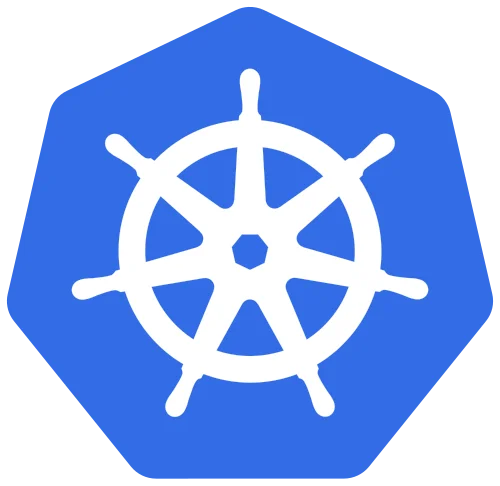 Kubernetes logo: white ship wheel centered on a blue hexagonal background.