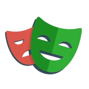 Two theater masks representing drama and comedy: a red tragedy mask behind a green comedy mask, suggesting theater or performing arts.
