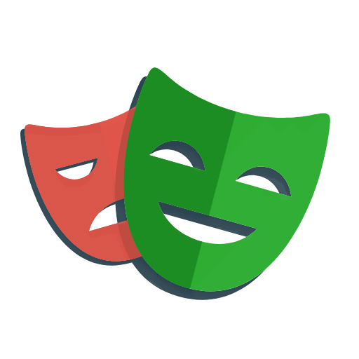 Two theater masks representing drama and comedy: a red tragedy mask behind a green comedy mask, suggesting theater or performing arts.