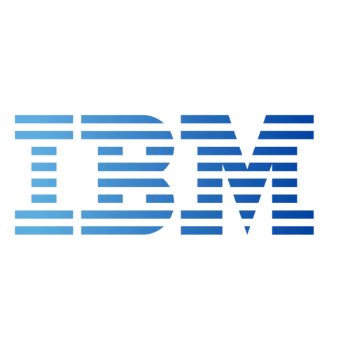 IBM logo in blue horizontal stripes on a black background.