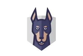 Stylized blue Doberman-like dog head logo inside a shield badge.