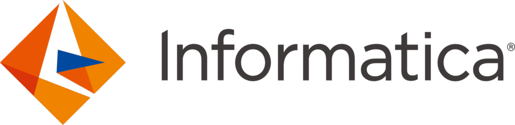 Logo for Informática featuring an orange geometric diamond with a blue triangle and the brand name in dark text
