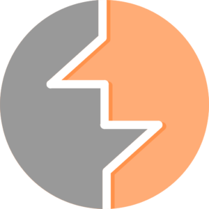 Abstract circular graphic split into grey and peach halves with a bold white zigzag line running diagonally from top to bottom.
