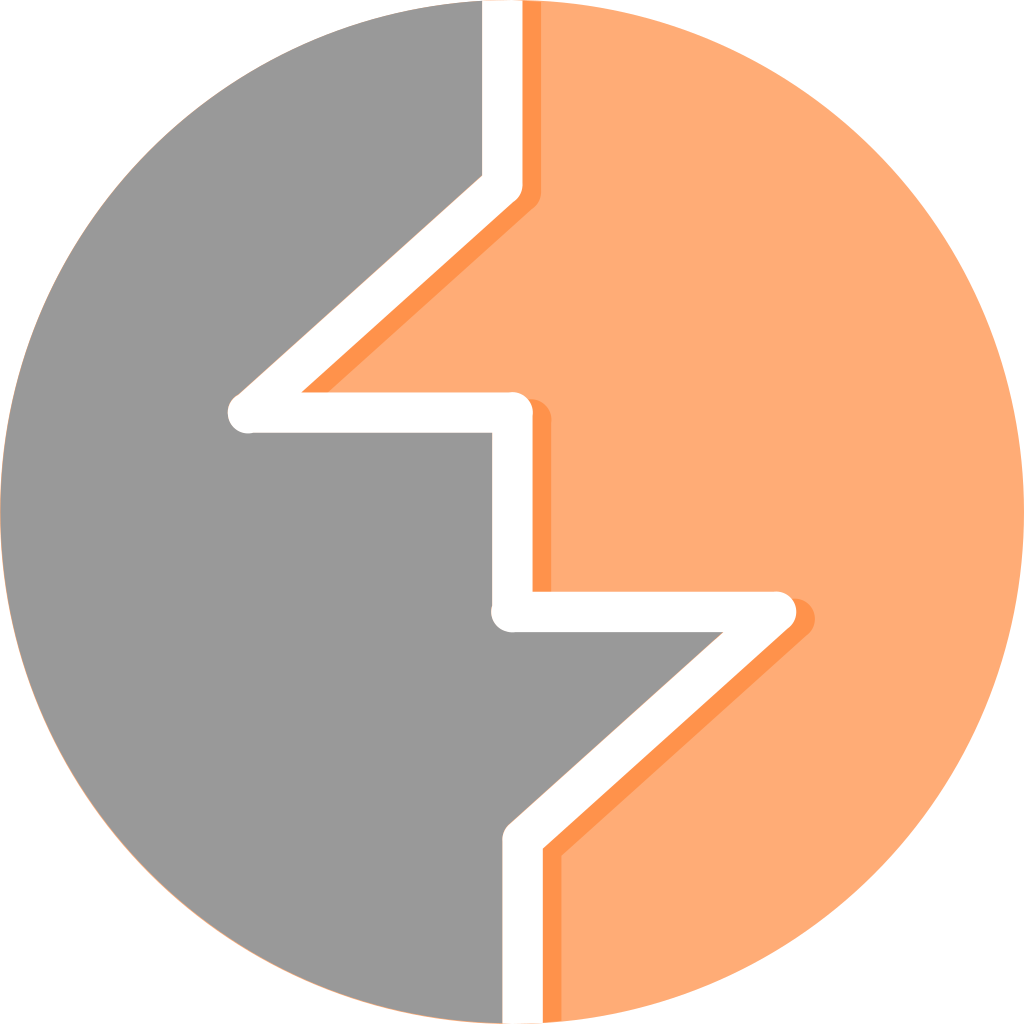 Abstract circular graphic split into grey and peach halves with a bold white zigzag line running diagonally from top to bottom.