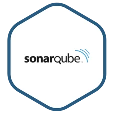 SonarQube logo on a white hexagonal badge with a blue border.