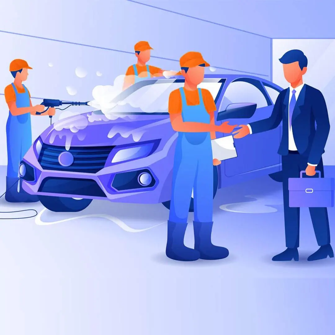 Auto service scene with workers in orange uniforms washing a blue car; a businessman shakes a technician's hand nearby in a showroom or workshop.