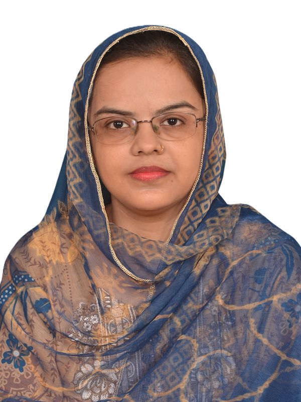 Portrait of a woman wearing a blue patterned headscarf and glasses, facing the camera with a neutral expression.