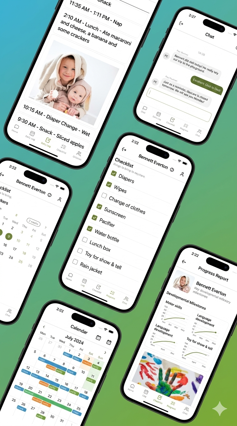 Gemini_Generated_Image_okagojokagojokag - TRIOTECH SYSTEMS - TRIOTECH SYSTEMS Collage of iPhone screens showing a childcare app: diaper change checklist, calendar, progress reports, and chat feature with a baby photo on one screen.