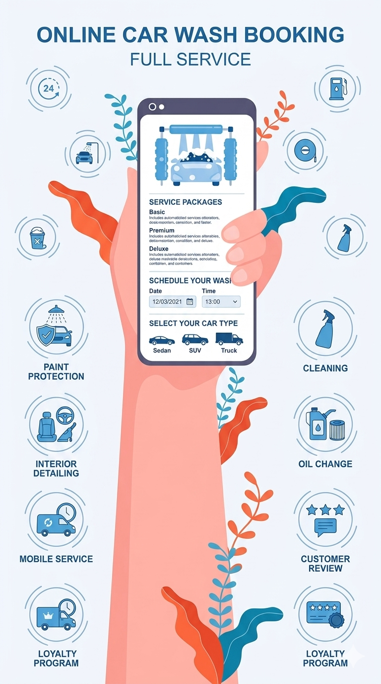 Illustration of a hand holding a smartphone showing an online car wash booking screen with service packages, date/time, and car-type options, surrounded by circular service icons.