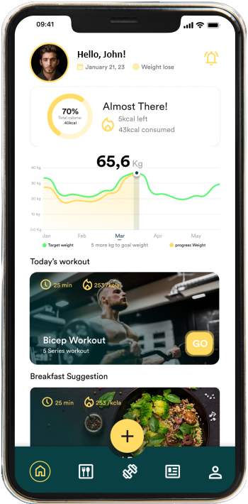 Mobile-mokeup - TRIOTECH SYSTEMS - TRIOTECH SYSTEMS Mobile fitness dashboard greeting John, featuring a 70% progress ring, 65.6 kg weight chart, and workout/breakfast cards with bottom navigation.
