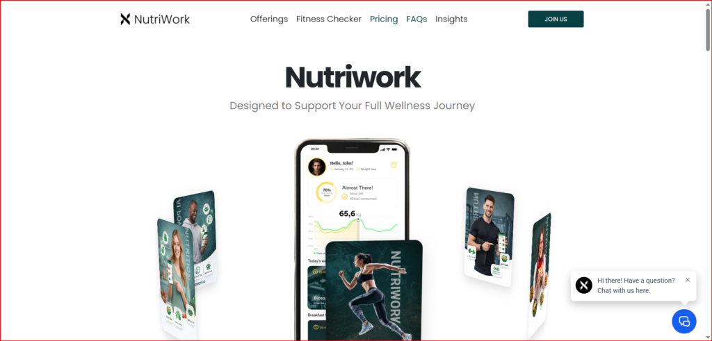 Screenshot 2026-05-22 215952 - TRIOTECH SYSTEMS - TRIOTECH SYSTEMS NutriWork hero banner with large logo text and subtitle, showing a central smartphone mockup surrounded by floating wellness cards/graphics on white background