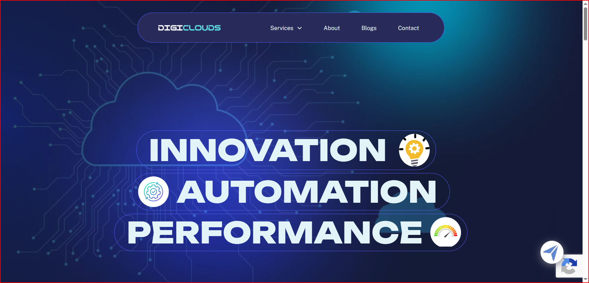 digi home page - TRIOTECH SYSTEMS - TRIOTECH SYSTEMS Tech-themed hero with a circuit-cloud background and the bold words INNOVATION, AUTOMATION, PERFORMANCE across three lines, plus circular icons on each line.
