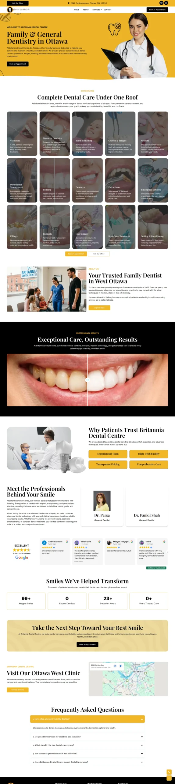 httpsbdentalcentreca_-scaled - TRIOTECH SYSTEMS - TRIOTECH SYSTEMS Hero banner: smiling female dentist with clipboard on a yellow background and a 'Book an Appointment' button.
