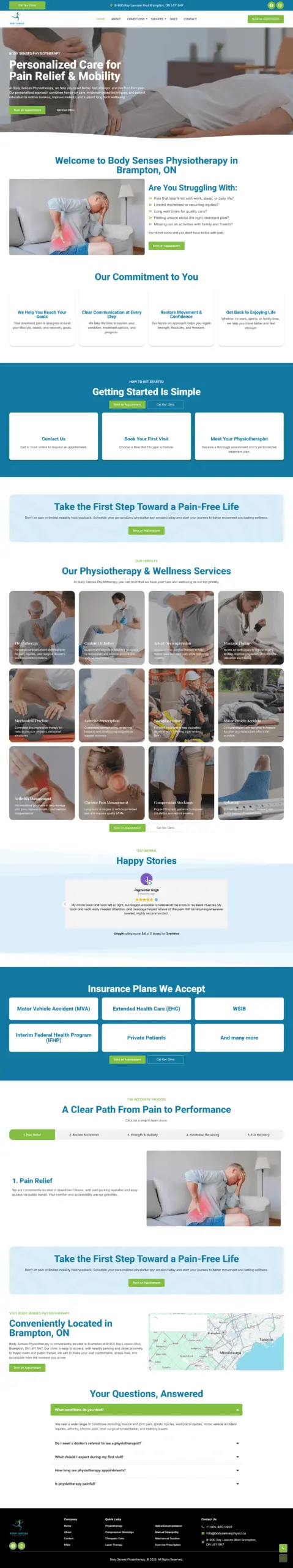 Homepage hero for Body Senses Physiotherapy Brampton: a patient receiving care, with navigation and service highlights visible.