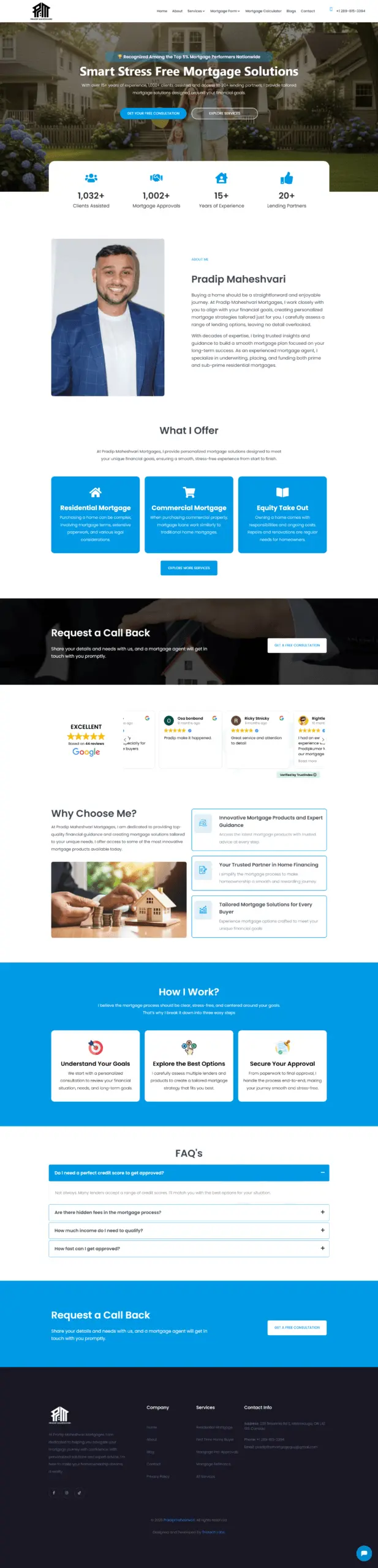 Homepage hero for Smart Stress Free Mortgage Solutions with a family in front of a house and blue CTA buttons overlaying the image.