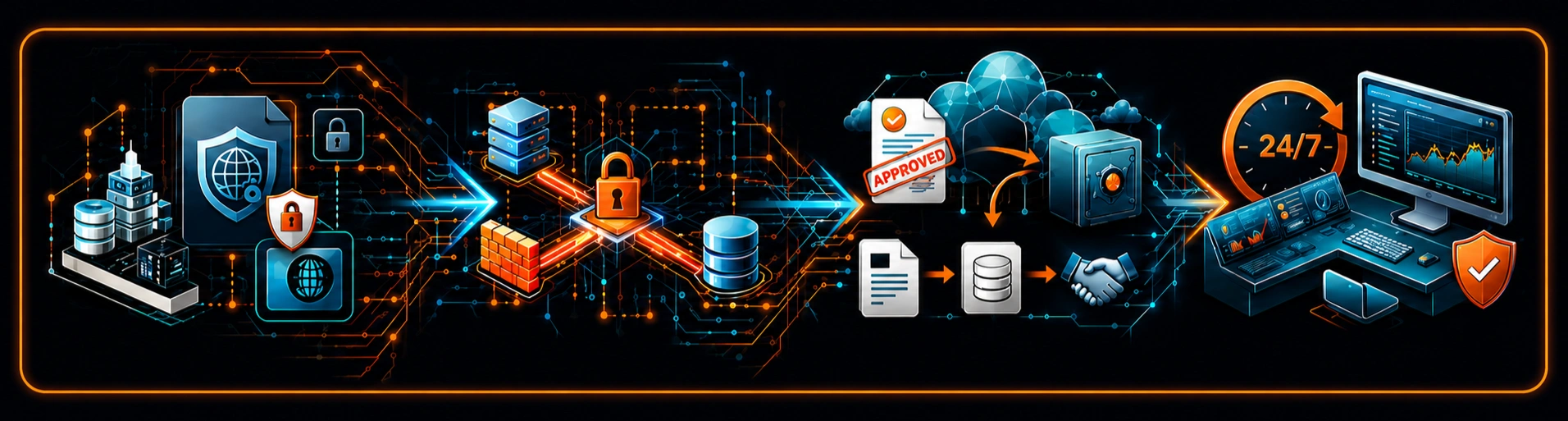 1webp - TRIOTECH SYSTEMS High-tech diagram of end-to-end data security—from on-premise servers to cloud storage—featuring locks, shields, and network lines to illustrate cybersecurity.