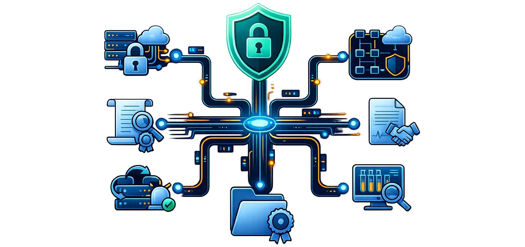 hipaa-control-set-hub-transparentwebp - TRIOTECH SYSTEMS Central shield with a padlock at the center connected to icons for servers, cloud, documents, and analytics, illustrating cybersecurity and data protection.