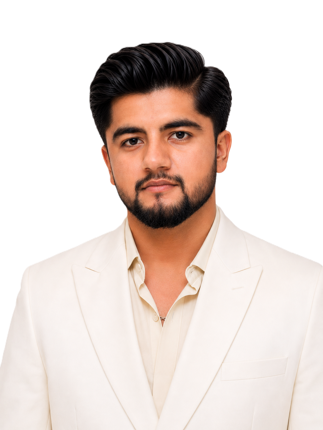 Head-and-shoulders portrait of a man with dark hair and beard wearing a cream suit against a white background.