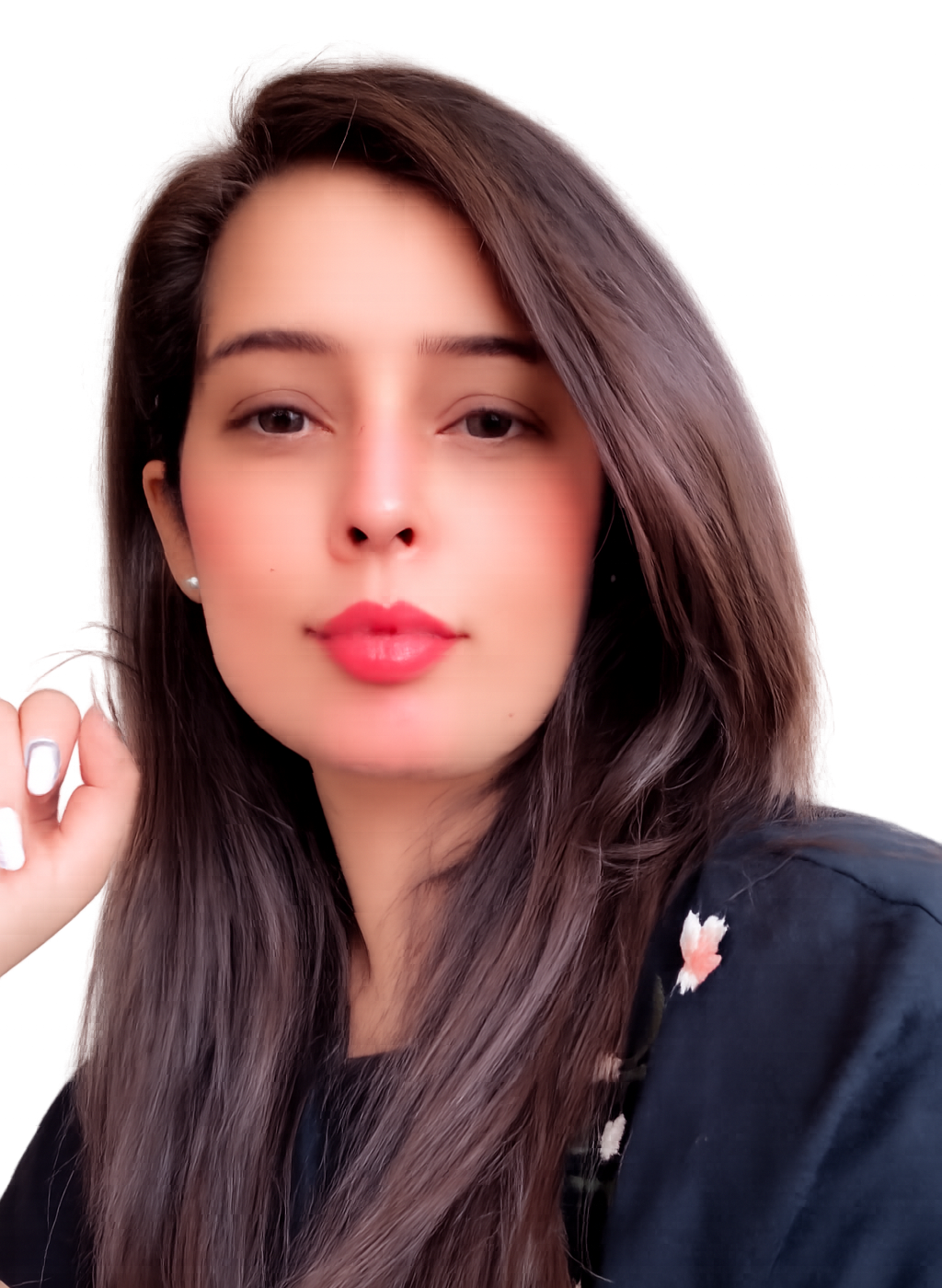 Close-up portrait of a young woman with long dark hair, pink lips, and a dark top against a soft blurred background.